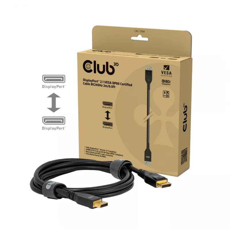 CLUB3D DisplayPort™ 2.1 VESA DP80 zertifiziertes Kabel 8K240Hz 2 m