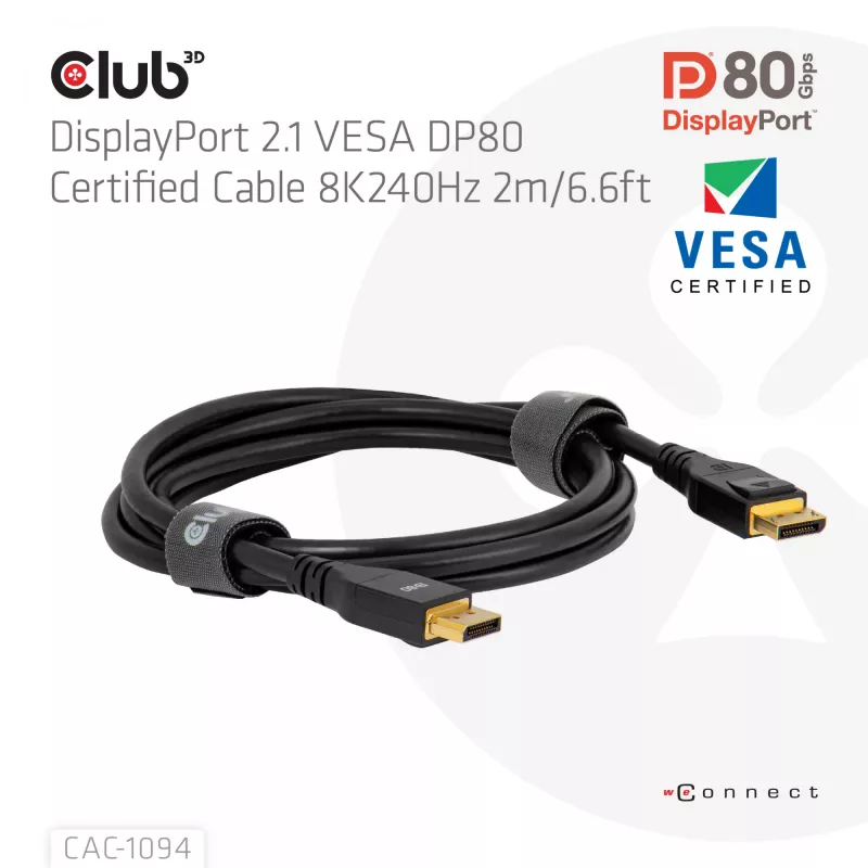 CLUB3D DisplayPort™ 2.1 VESA DP80 zertifiziertes Kabel 8K240Hz 2 m