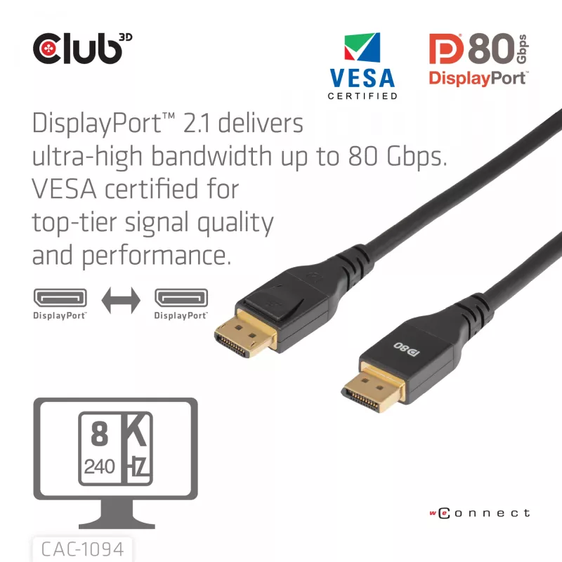 CLUB3D DisplayPort™ 2.1 VESA DP80 zertifiziertes Kabel 8K240Hz 2 m