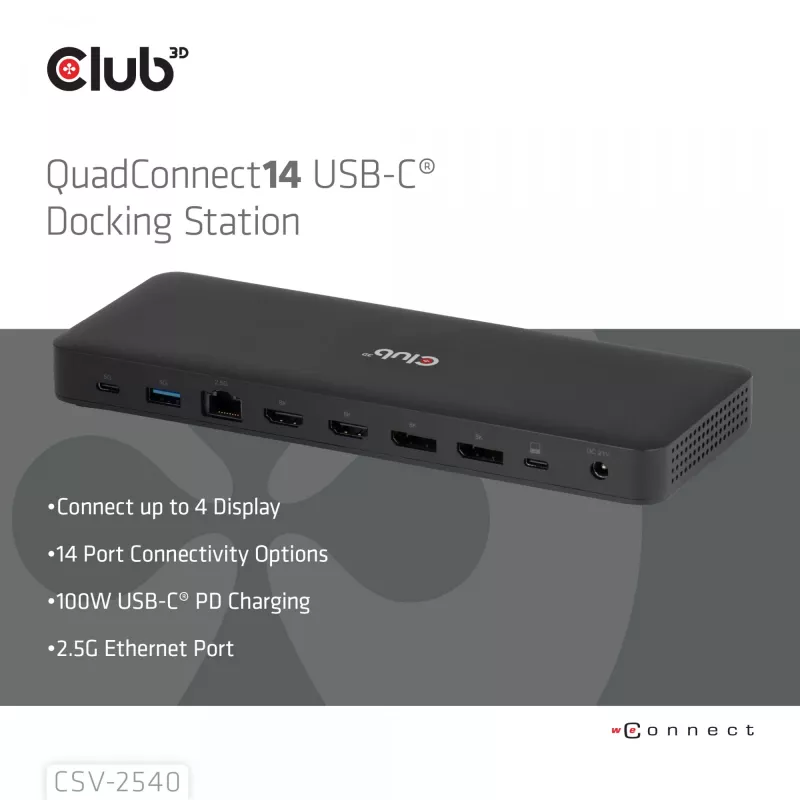 Dockingstation CLUB 3D 14-1 USB-C Quad Display USB4 mit 2× USB 2.0-Anschlüssen