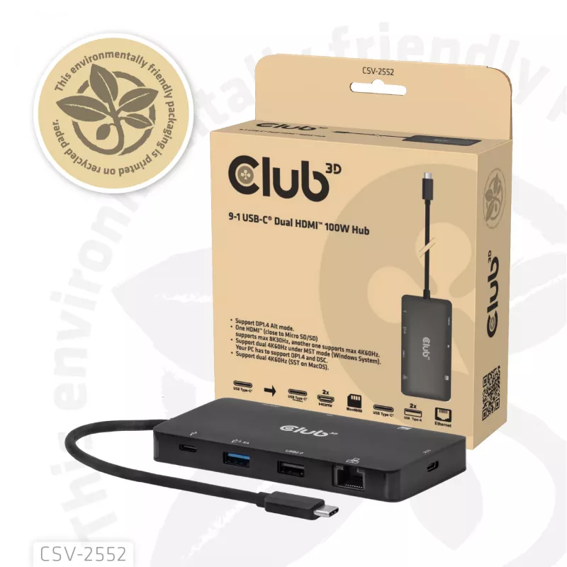 CLUB3D 9-1 Dual HDMI™ USB-C® Hub PD3.0 100W