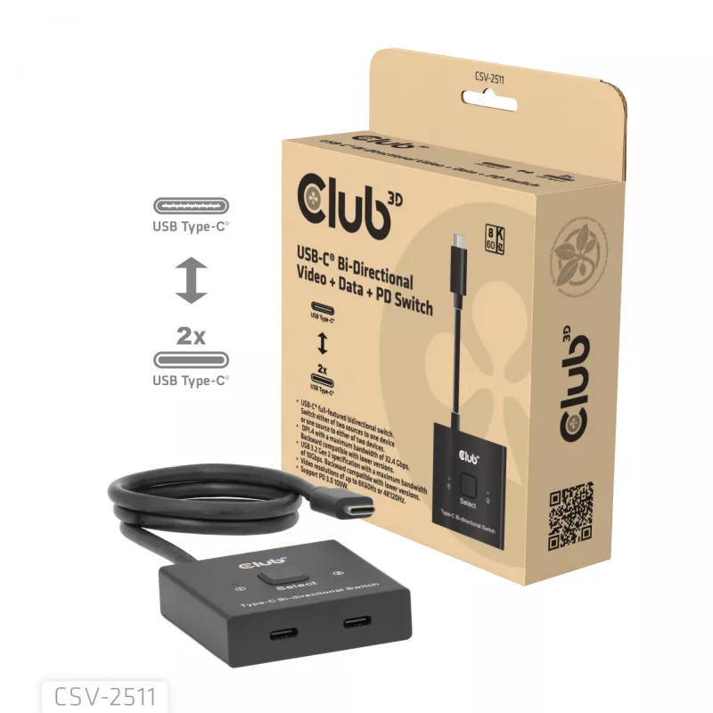 CLUB3D USB-C® bidirektionaler Video- + Daten- + PD-Umschalter, USB Type-C, 2x DisplayPort, 7680 x 4320 Pixel, Schwarz, 8K Ultra HD, 120 Hz