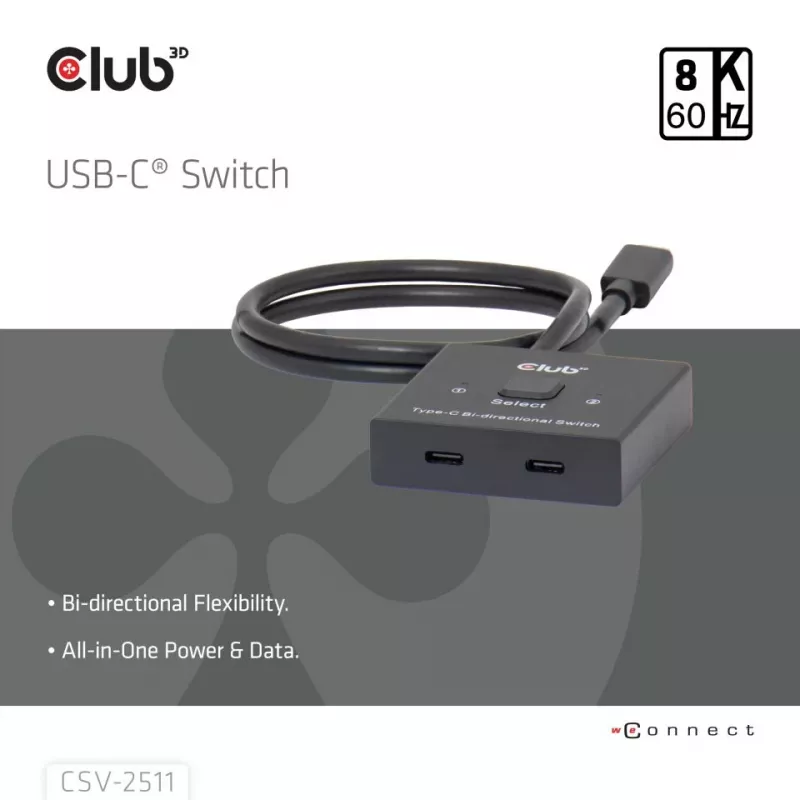 CLUB3D USB-C® bidirektionaler Video- + Daten- + PD-Umschalter, USB Type-C, 2x DisplayPort, 7680 x 4320 Pixel, Schwarz, 8K Ultra HD, 120 Hz