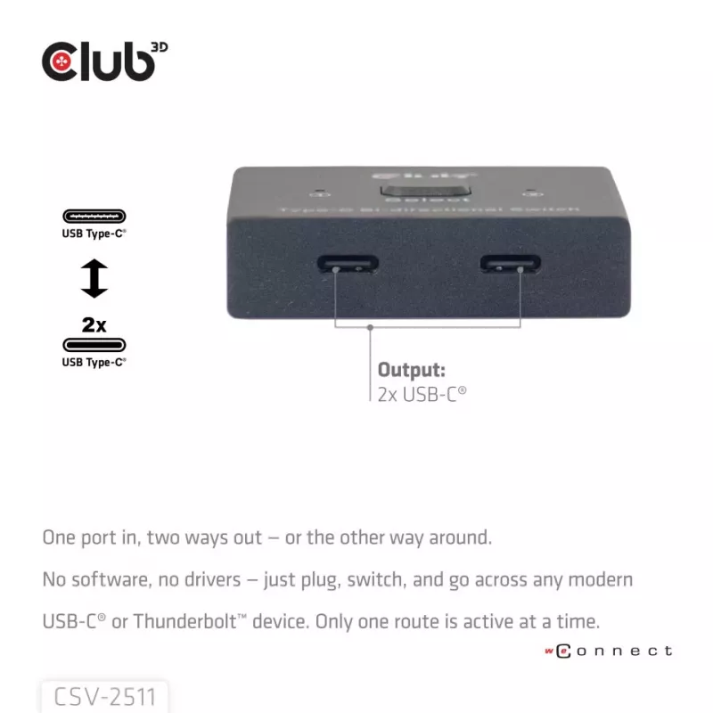 CLUB3D USB-C® bidirektionaler Video- + Daten- + PD-Umschalter, USB Type-C, 2x DisplayPort, 7680 x 4320 Pixel, Schwarz, 8K Ultra HD, 120 Hz