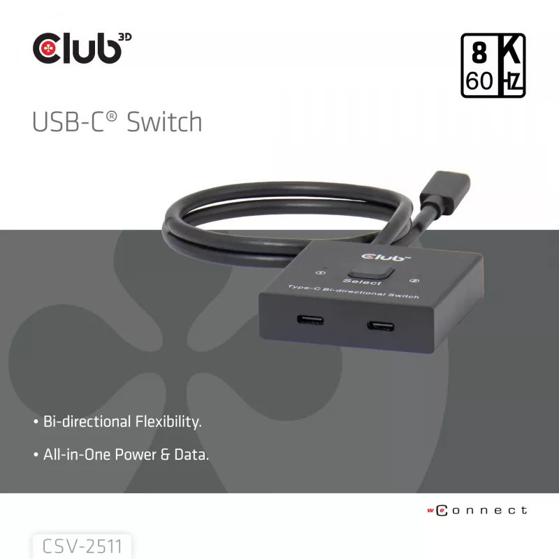 CLUB3D USB-C® bidirektionaler Video- + Daten- + PD-Umschalter, USB Type-C, 2x DisplayPort, 7680 x 4320 Pixel, Schwarz, 8K Ultra HD, 120 Hz
