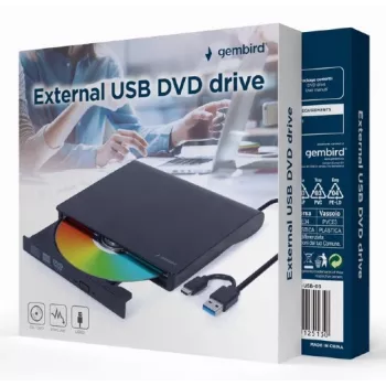 Internes DVD±RW-Laufwerk Gembird DVD-USB-031 — USB Type-C, 24x CD / 8x DVD, Frontlader, schwarz, 140×18×140 mm