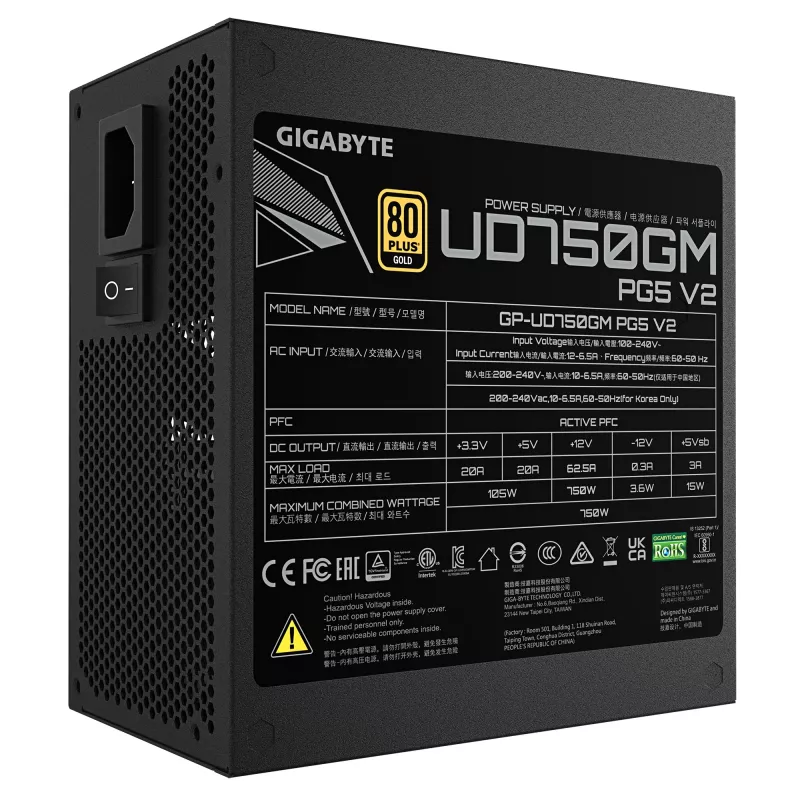 GIGABYTE UD750GM PG5 V2 Netzteil – PCIe Gen 5.1, 80 PLUS Gold, vollmodularer Aufbau, 120-mm-Lüfter, ATX 3.1-kompatibel, EU-Stecker