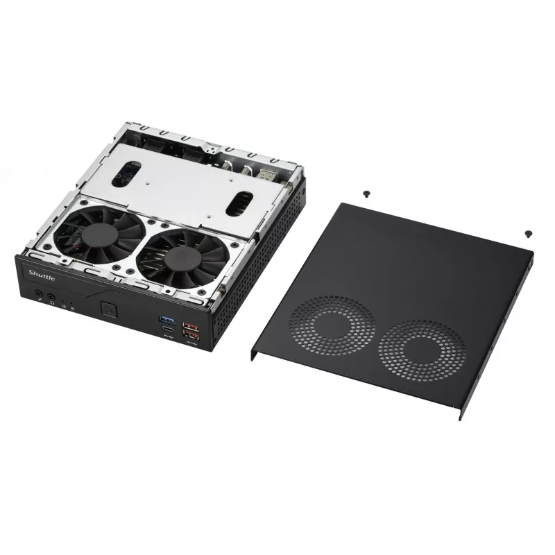 Shuttle Slim PC DH770, S1700, 2x HDMI, 2x DP, 2x 2.5G LAN, 2x COM, 8x USB, 1x 2,5 Zoll, 2x M.2, 24/7 Dauerbetrieb, inkl. VESA