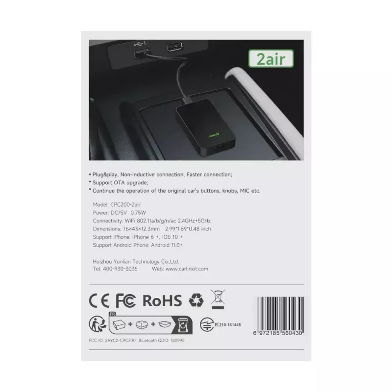 Car-Media-Empfänger Carlinkit CPC200-2AIR Schwarz Wi‑Fi 5 GHz / 2,4 GHz, Bluetooth 4.1, USB‑C