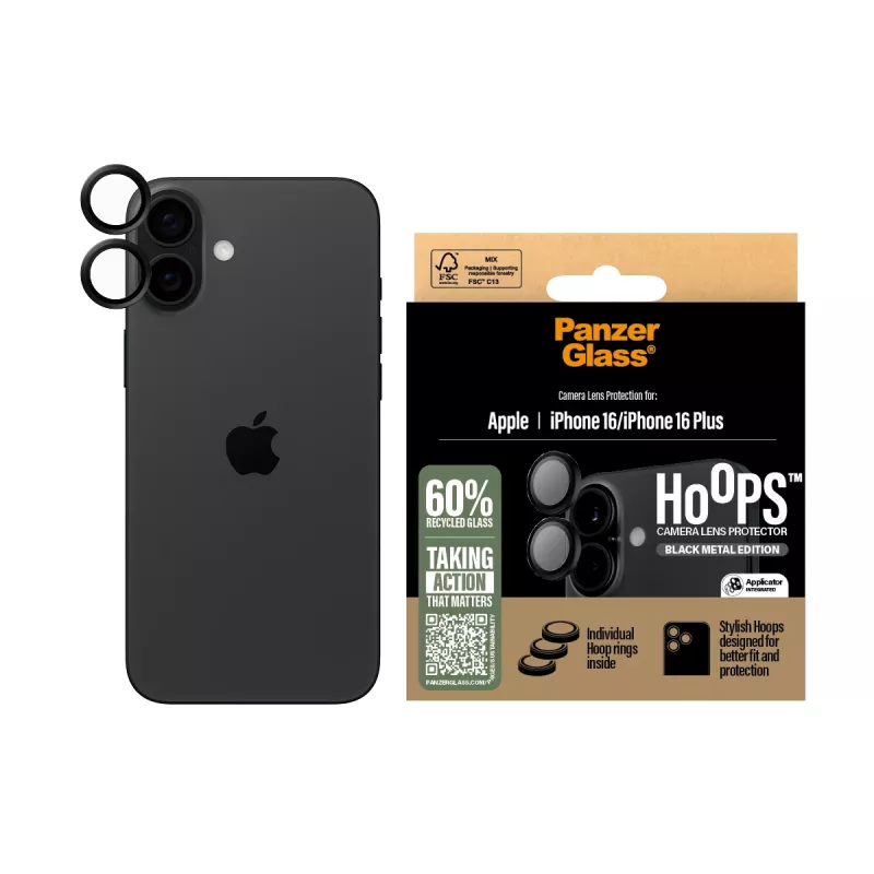 PanzerGlass ® Hoops® Kameralinsenschutz Schwarz iPhone 16 | 16 Plus