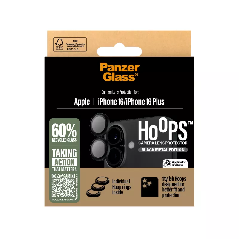 PanzerGlass ® Hoops® Kameralinsenschutz Schwarz iPhone 16 | 16 Plus