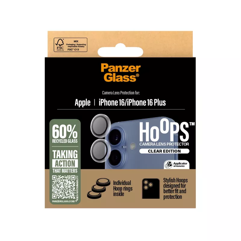 PanzerGlass ® Hoops® Kamera-Linsenschutz Transparent für iPhone 16 | 16 Plus