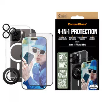 PanzerGlass ® 4-in-1-Schutzbundle iPhone 16 Pro, Apple, Apple - iPhone 16 Pro, Trockenanwendung, Kratzfest, Stoßfest, Transparent, 1 Stück