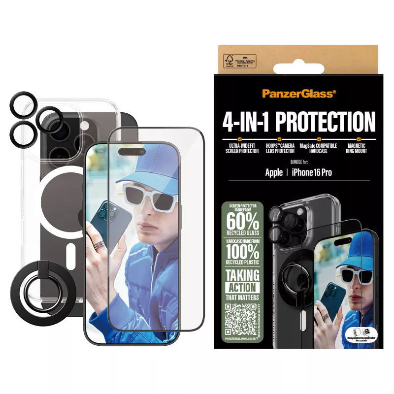 PanzerGlass ® 4-in-1-Schutzbundle iPhone 16 Pro, Apple, Apple - iPhone 16 Pro, Trockenanwendung, Kratzfest, Stoßfest, Transparent, 1 Stück