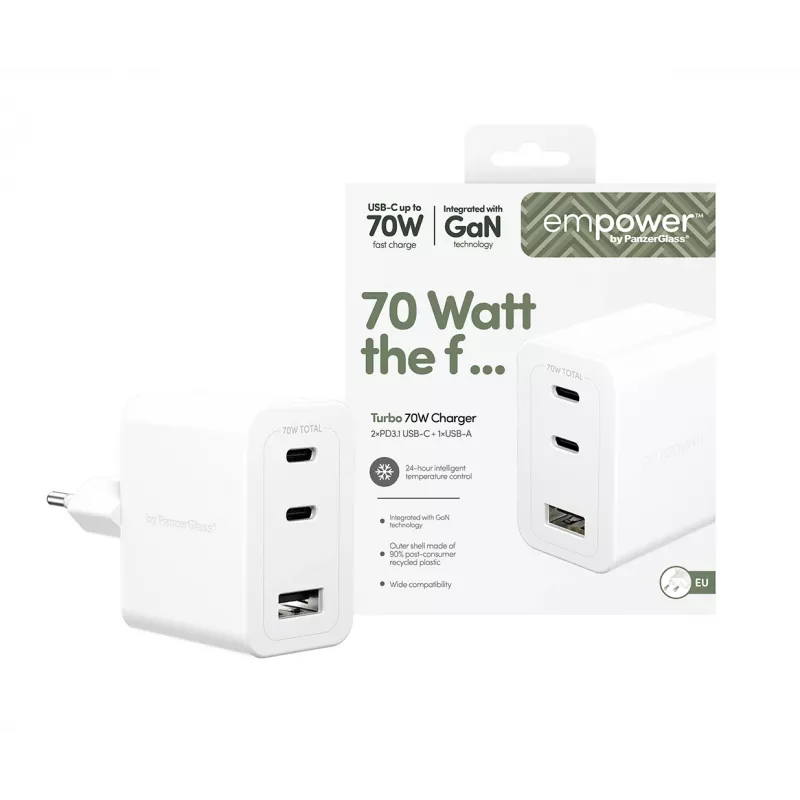 PanzerGlass empower™ by ® Turbo 70W Multiple Charger incl. 2 x USB-C + USB-A | EU Plug | Silver White