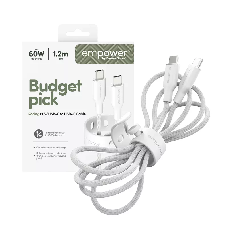 PanzerGlass empower™ by ® Racing 60W USB-C-zu-USB-C-Kabel | USB 2.0 | 1,2 m | Silberweiß