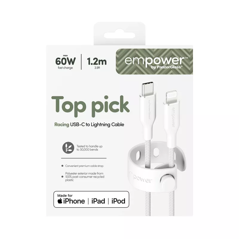 PanzerGlass empower™ by ® Racing 60W USB-C auf Lightning Kabel | USB 2.0 | 1,2 m | Silberweiß