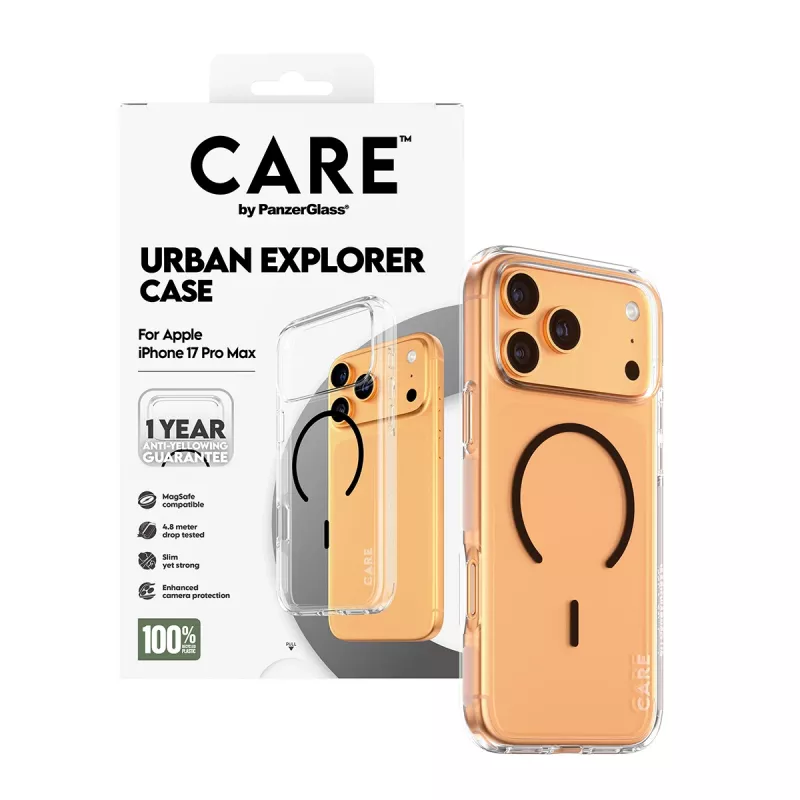 PanzerGlass CARE™ by ® Urban Explorer Hülle transparent mit schwarzem MagSafe iPhone 17 Pro Max