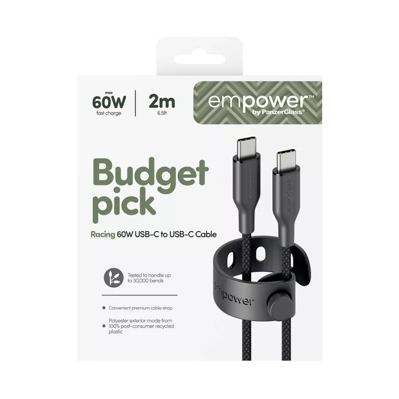 PanzerGlass empower™ by ® Racing 60W USB-C zu USB-C Kabel | USB 2.0 | 2M | Space Schwarz