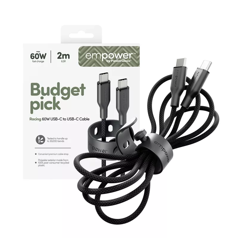 PanzerGlass empower™ by ® Racing 60W USB-C zu USB-C Kabel | USB 2.0 | 2M | Space Schwarz