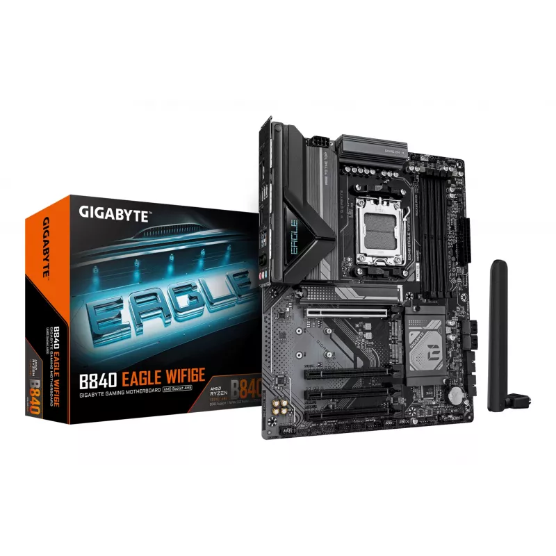 GIGABYTE B840 EAGLE WIFI6E Mainboard - AMD Ryzen 9000 CPUs, 8+2+2 Phasen VRM, bis zu 8200MHz DDR5(O.C), 2xPCIe 4.0 + 1xPCIe 3.0 M.2, Wi-Fi 6E, 2.5GbE LAN, USB 3.2 Gen 2