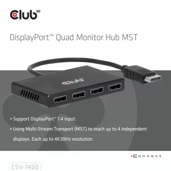 CLUB3D Quad DisplayPort™ Hub – 4 x 4K Auflösung @ 30Hz, MST-Unterstützung