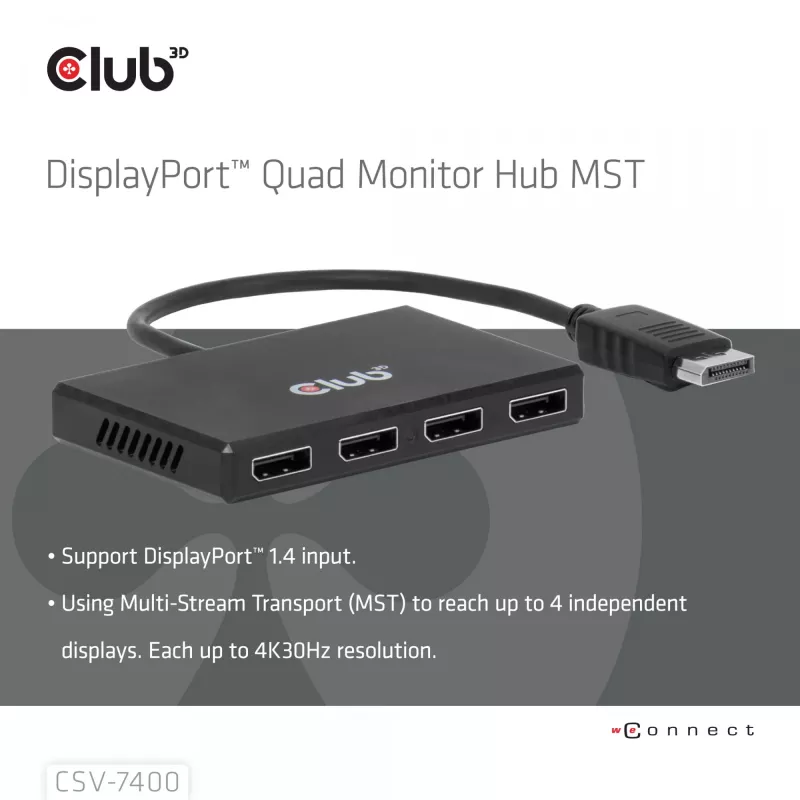 CLUB3D Quad DisplayPort™ Hub – 4 x 4K Auflösung @ 30Hz, MST-Unterstützung