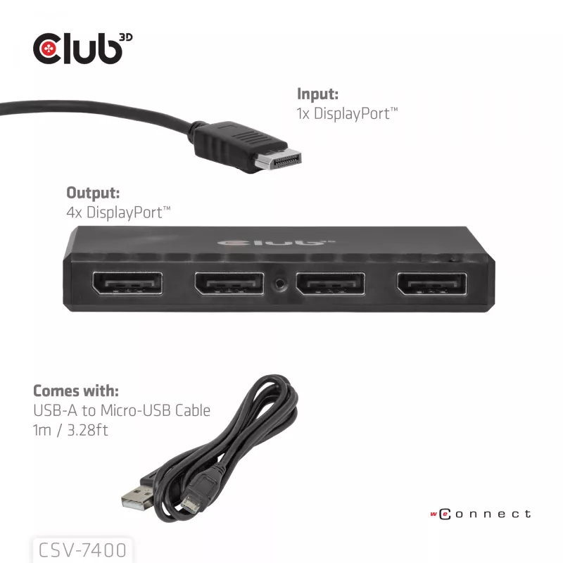 CLUB3D Quad DisplayPort™ Hub – 4 x 4K Auflösung @ 30Hz, MST-Unterstützung