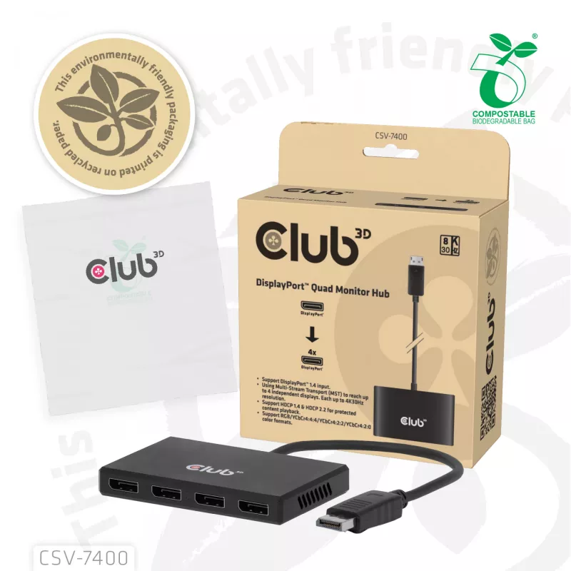 CLUB3D Quad DisplayPort™ Hub – 4 x 4K Auflösung @ 30Hz, MST-Unterstützung
