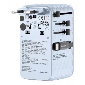 Verbatim Charge 'n' Travel 70W 2C retractable Universal Travel Adapter Blau