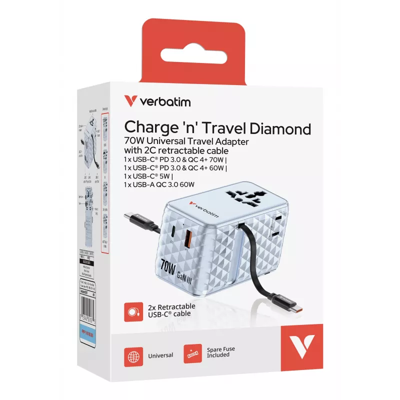 Verbatim Charge 'n' Travel 70W 2C retractable Universal Travel Adapter Blau