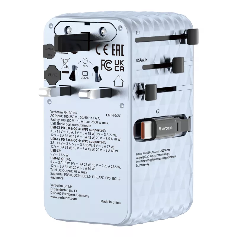 Verbatim Charge 'n' Travel 70W 2C retractable Universal Travel Adapter Blau