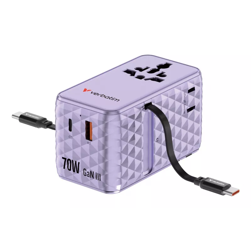 Verbatim Charge 'n' Travel 70W 2C retractable Universal Travel Adapter Purple