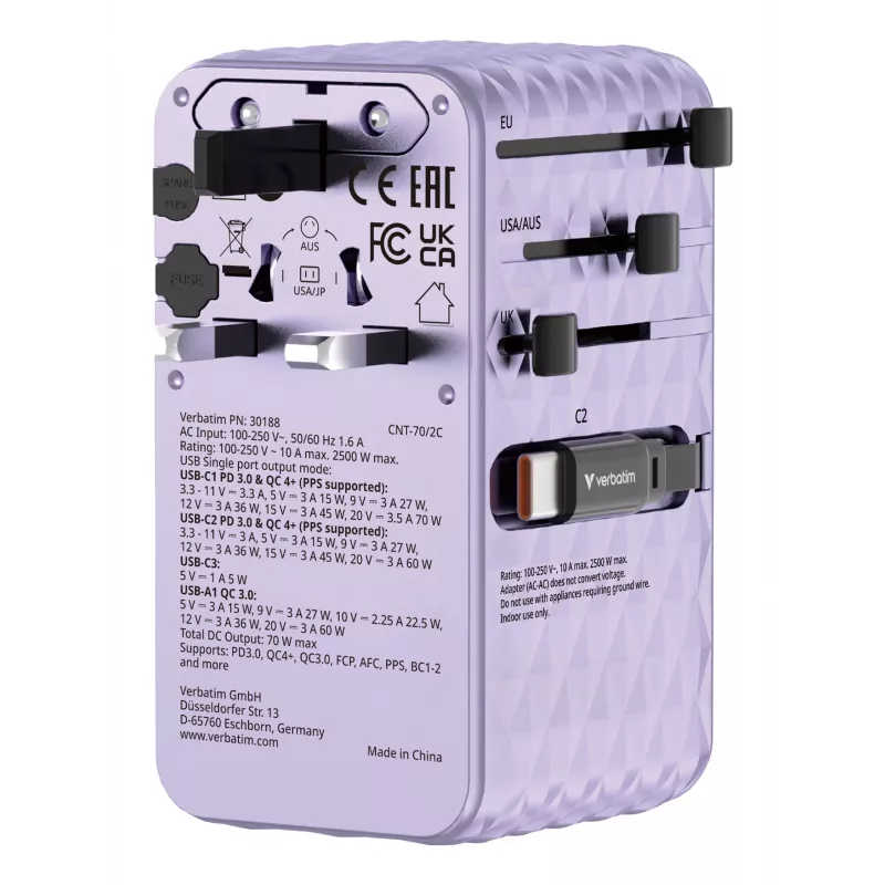 Verbatim Charge 'n' Travel 70W 2C retractable Universal Travel Adapter Purple