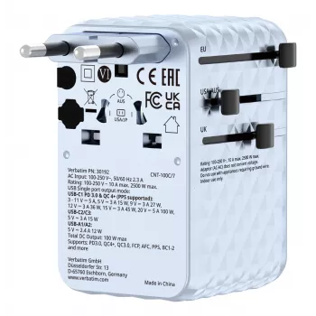 Verbatim Charge 'n' Travel 100W Universal Travel Adapter mit ausziehbarem Kabel Blau