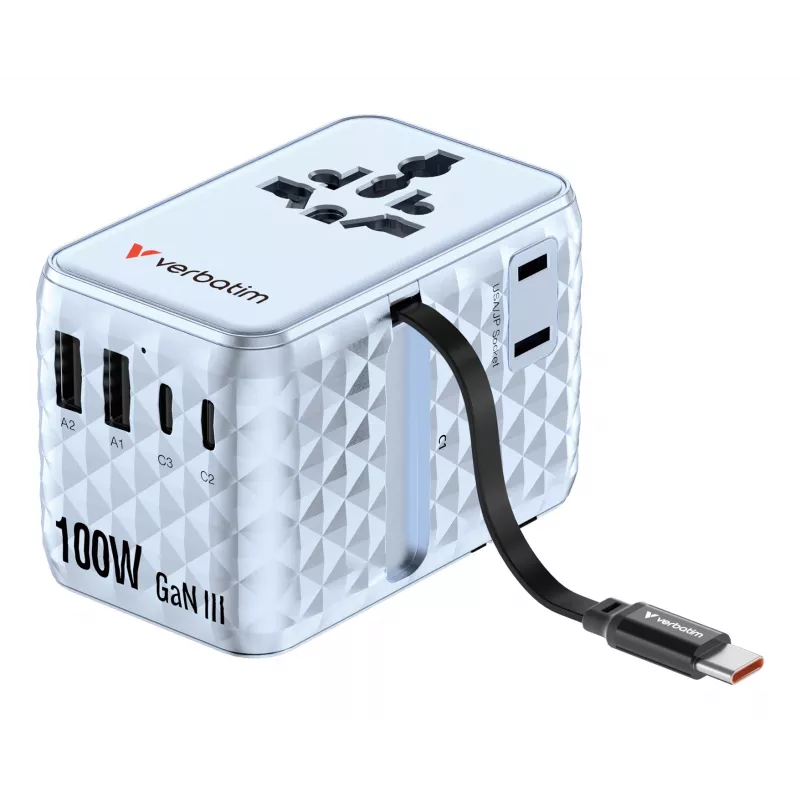 Verbatim Charge 'n' Travel 100W Universal Travel Adapter mit ausziehbarem Kabel Blau