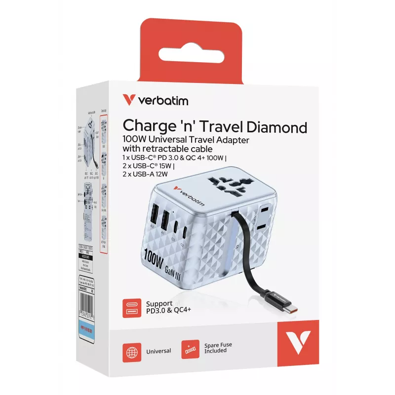 Verbatim Charge 'n' Travel 100W Universal Travel Adapter mit ausziehbarem Kabel Blau