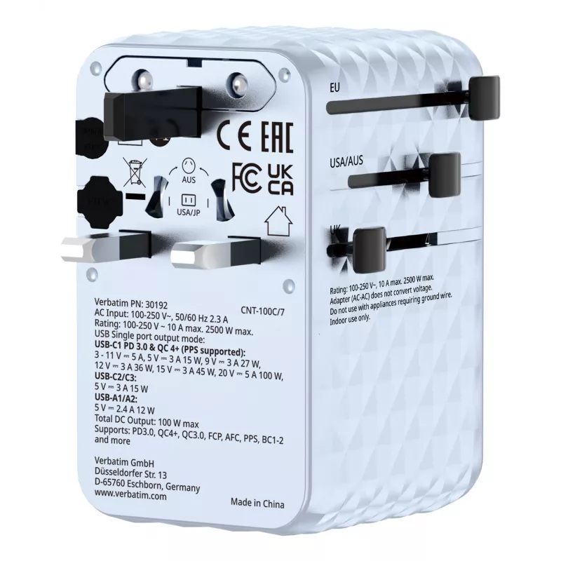 Verbatim Charge 'n' Travel 100W Universal Travel Adapter mit ausziehbarem Kabel Blau