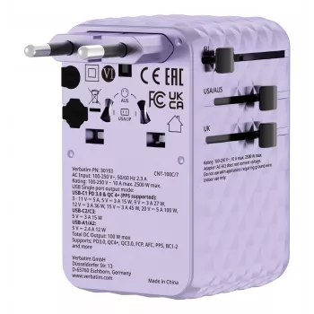 Verbatim Charge 'n' Travel 100W Universal Travel Adapter mit einziehbarem Kabel Lila