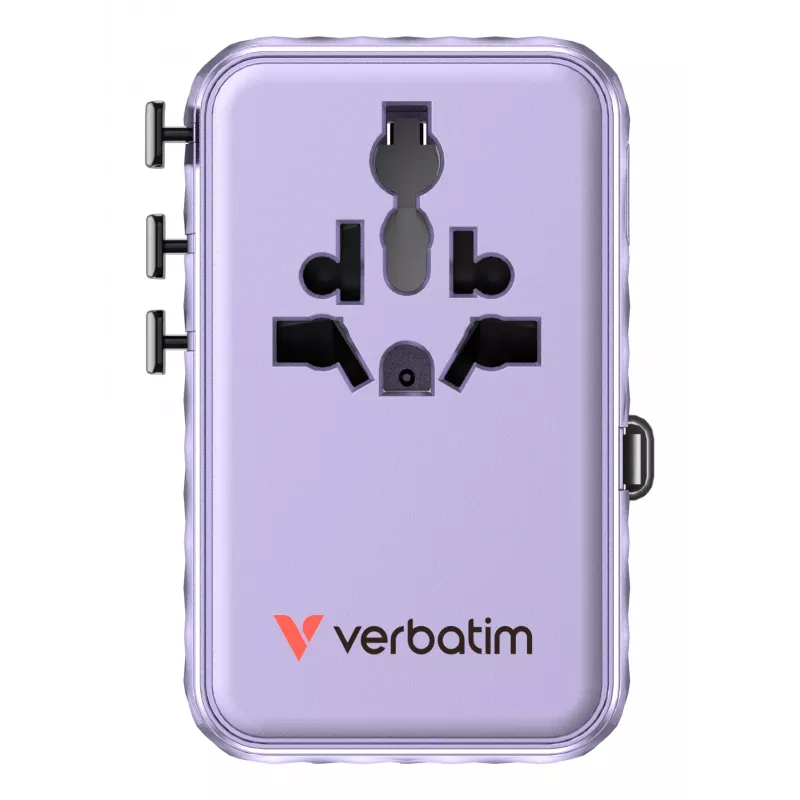 Verbatim Charge 'n' Travel 100W Universal Travel Adapter mit einziehbarem Kabel Lila