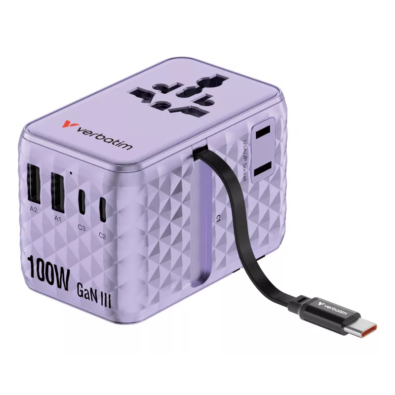 Verbatim Charge 'n' Travel 100W Universal Travel Adapter mit einziehbarem Kabel Lila