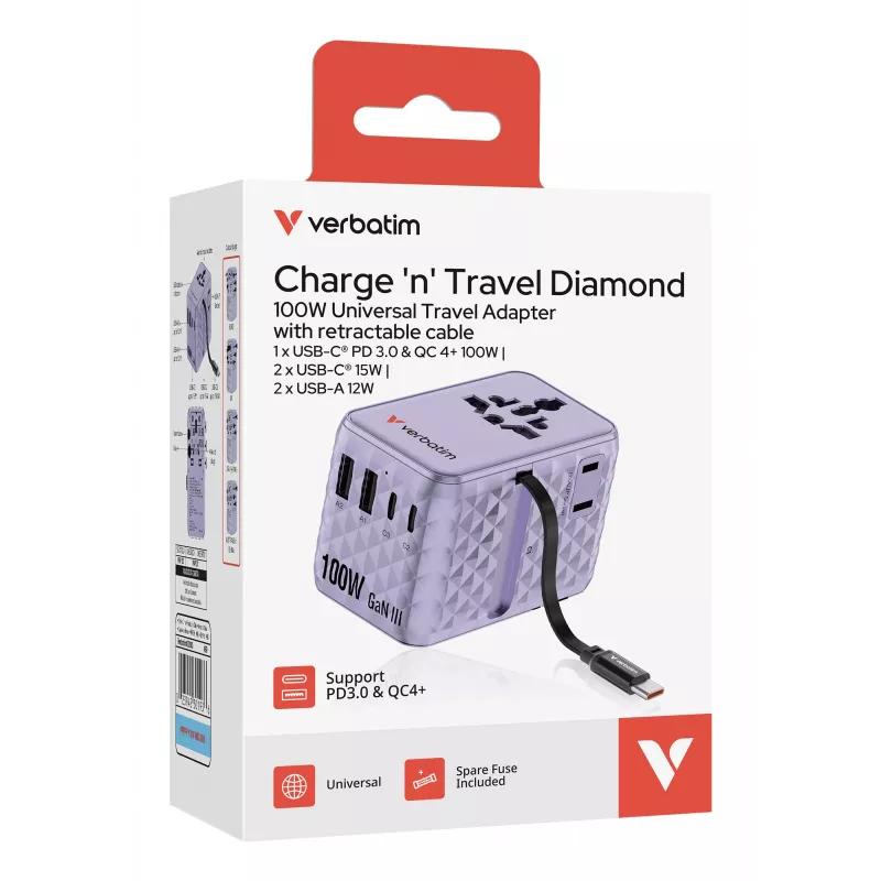 Verbatim Charge 'n' Travel 100W Universal Travel Adapter mit einziehbarem Kabel Lila