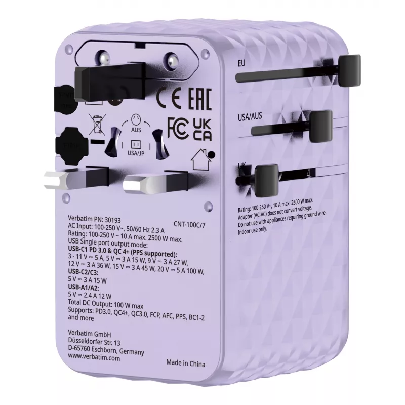Verbatim Charge 'n' Travel 100W Universal Travel Adapter mit einziehbarem Kabel Lila