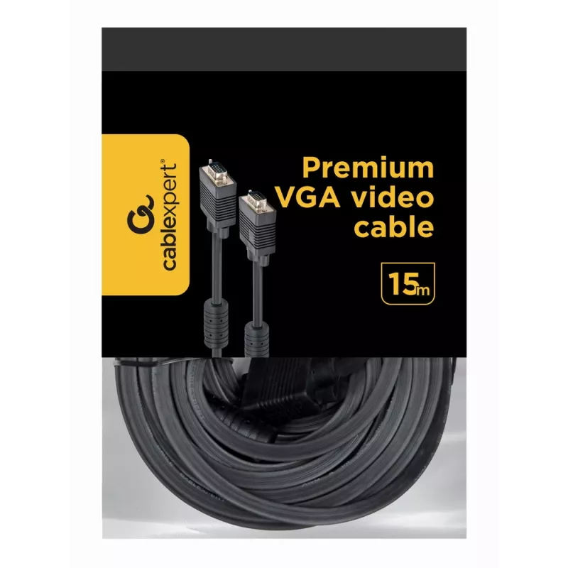 GEMBIRD Premium VGA-Kabel HD15M/HD15M doppelt geschirmt mit 2 Ferritkernen 15 m – Schwarz