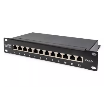 DIGITUS CAT6A Patch Panel, geschirmt, 12-Port Beschriftungsfeld, 1U, 10 Zoll Rackmontage, schwarz RAL 9005