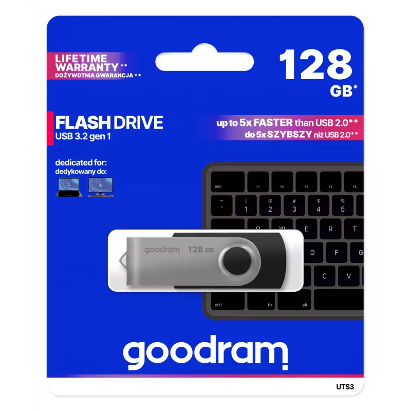 USB-Stick GOODRAM UTS3 128 GB USB Typ-A 3.2 Gen 1, schwarz, 60 MB/s Lesen, 20 MB/s Schreiben