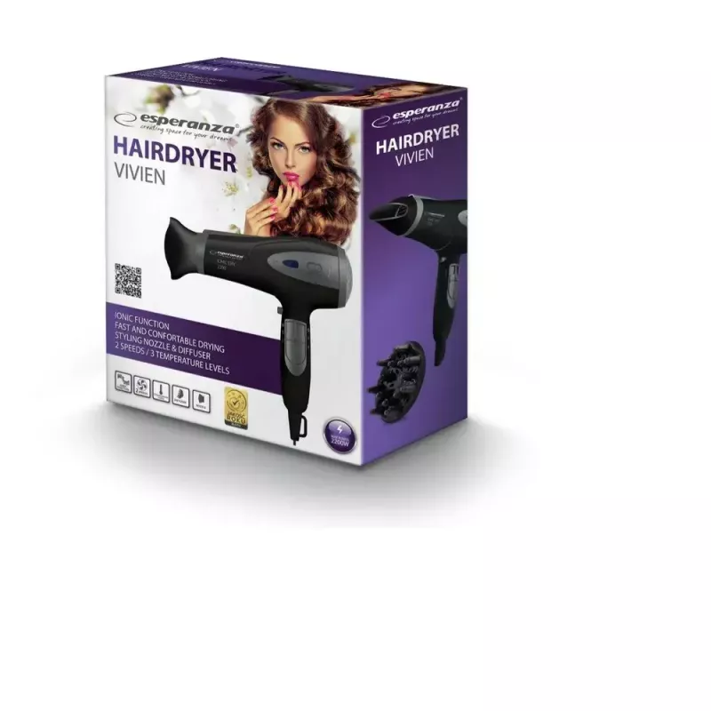 Haartrockner ESPERANZA Vivien EBH005K — 2200 W, ionisch, 3 Heizstufen, 2 Geschwindigkeiten, Diffusor & Konzentrator, schwarz