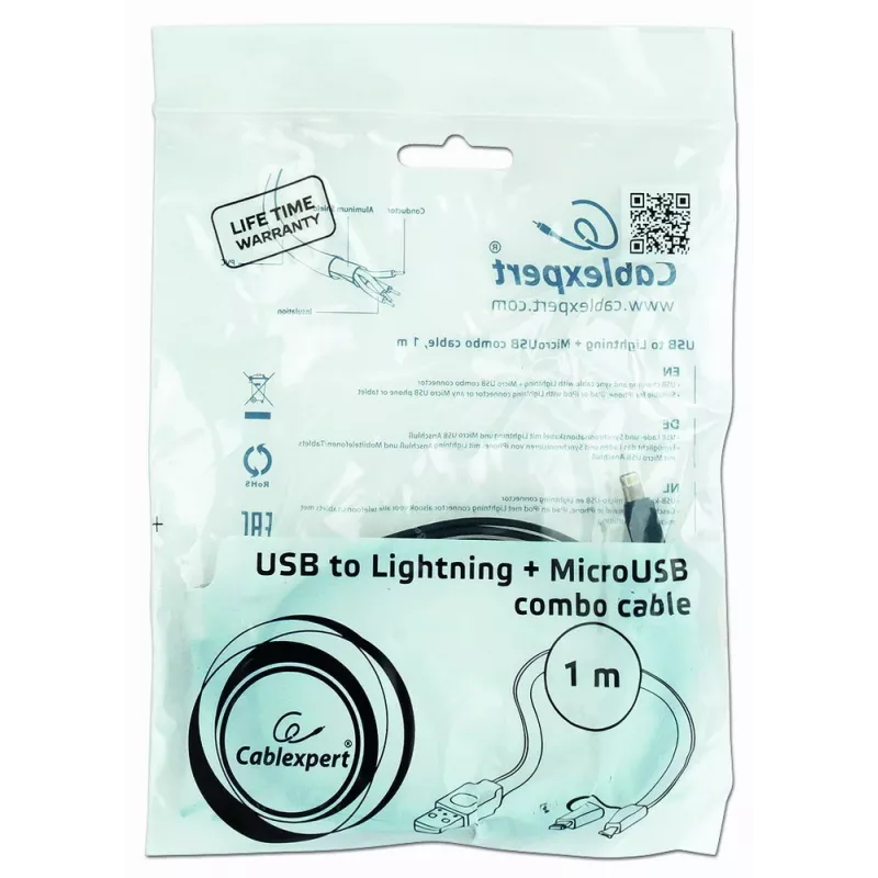 GEMBIRD USB-auf-Apple-Lightning- und Micro-USB-Lade-Kombikabel 1m - Schwarz