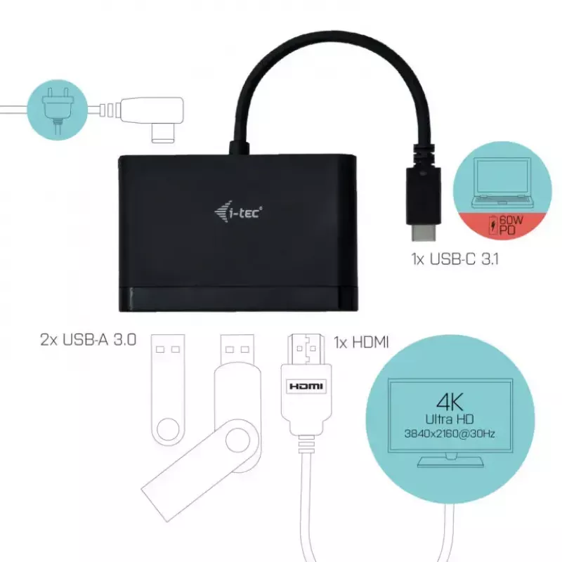 USB-C auf HDMI Reiseadapter ITEC i-tec USB C HDMI Reiseadapter PD/Daten – Schwarz, Chipsatz RTS5403/RTS5404/RTS5411/PS176, 90×58×14 mm
