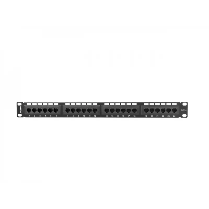 Patchpanel 1U LANBERG PPU5-1024-B – 24-Port CAT5e, Metall, Schwarz, 445×32,5×44,5 mm